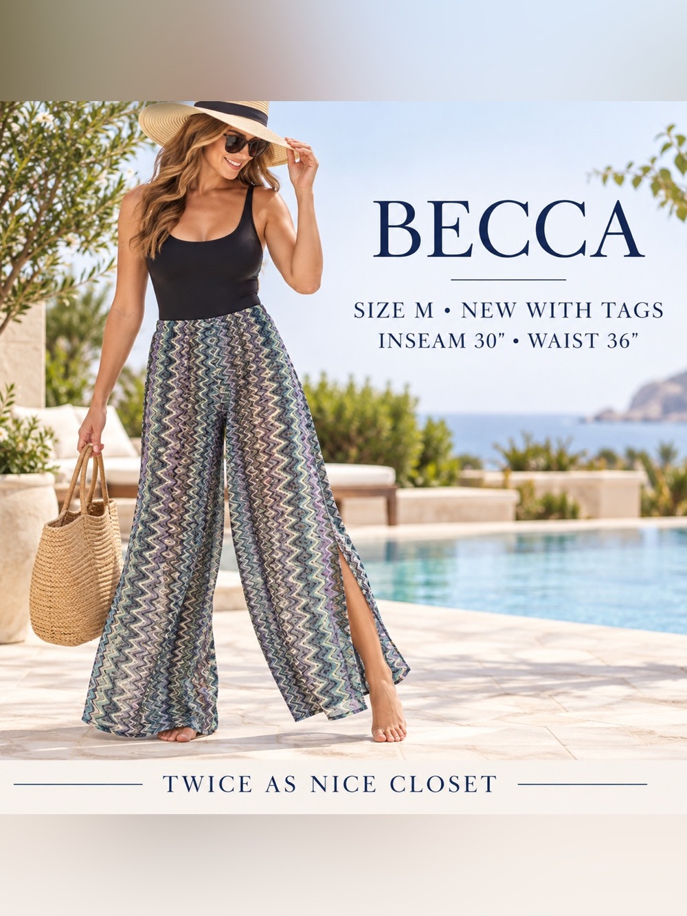 BECCA Teal and Navy Zigzag Swim Coverup Maxi NEW M